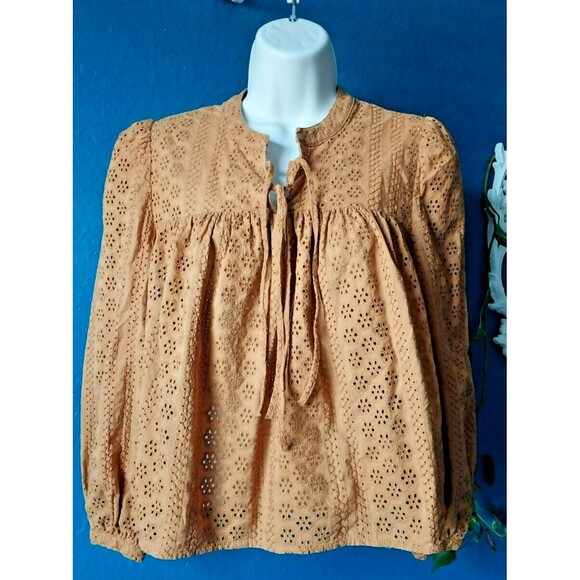 Madewell Fall Pumpkin Brown Eyelet 100% Cotton Blouse Top Small - Picture 8 of 10